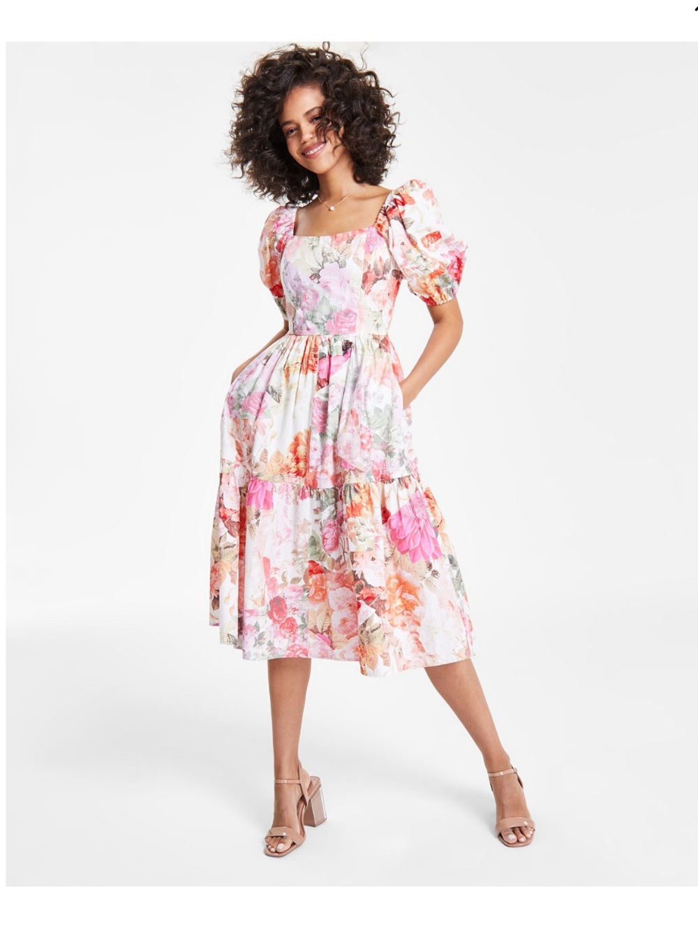 NWT Vince Camuto Women Floral Square Neck Puff-Sleeve Cotton Midi Dress Size 16